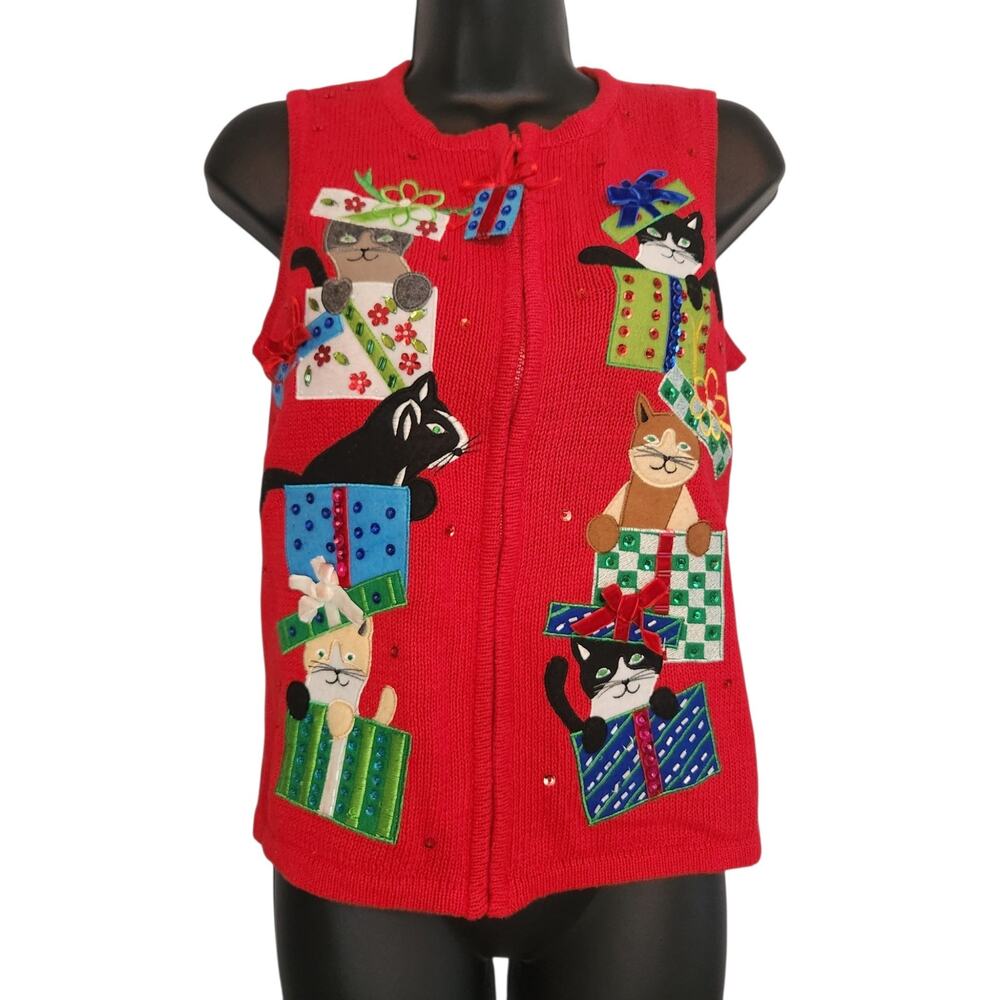Christmas cats embellished sweater vest zip front red size S